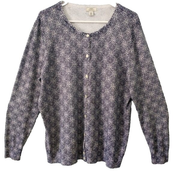L.L. Bean Supima Cotton Cardigan Button Up Sweater Women's Blue Print  - Large - Picture 1 of 7